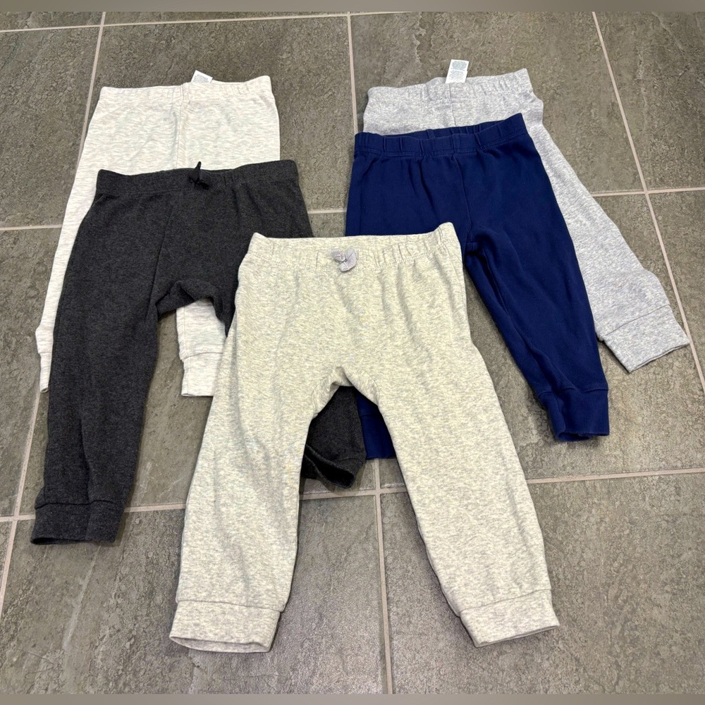 5 pairs baby/toddler unisex pants, 18m, Carter’s & Okie Dokie, gray & blue
